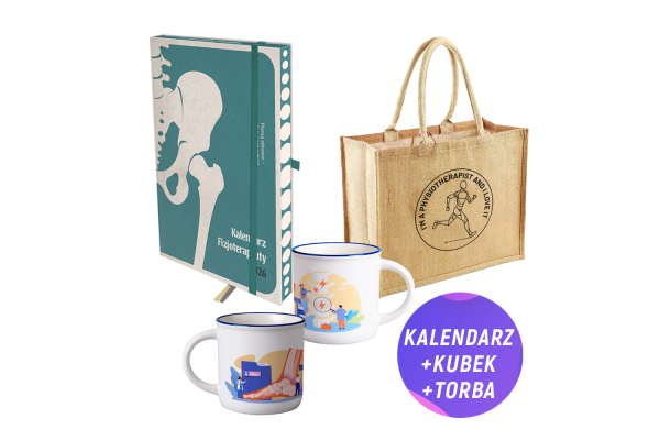 Pakiet: Kalendarz fizjoterapeuty 2026 + Kubek emaliowany + Torba jutowa Pakiet: Kalendarz fizjoterapeuty 2026 + Kubek emaliowany + Torba jutowa